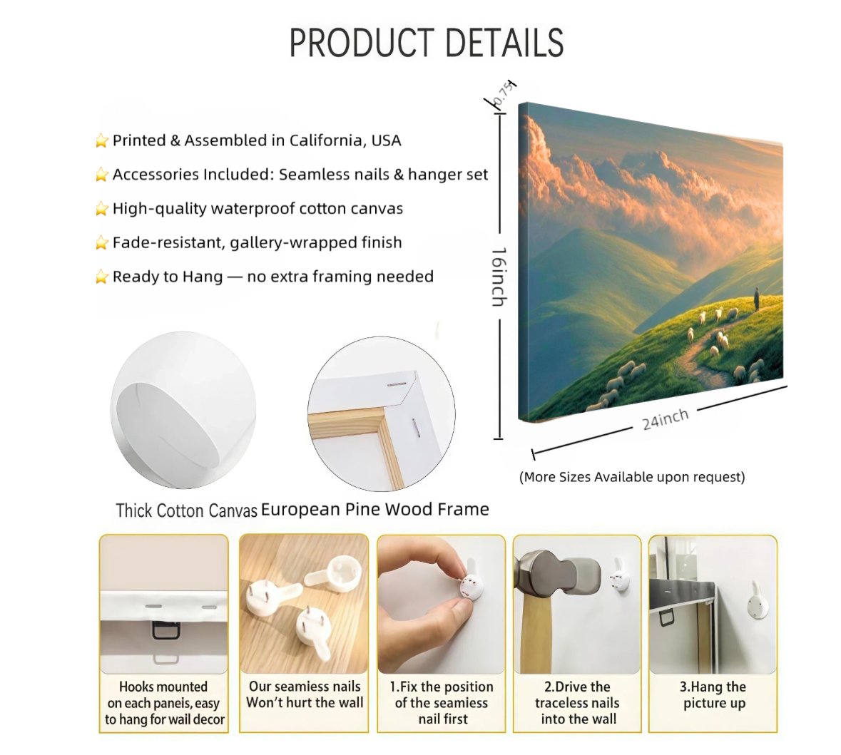 Green Hills Shepherd Canvas Wall Art — Pastoral Christian Decor, Psalm 23 Inspired Landscape Print, Peaceful Nature Artwork for Living Room & Bedroom