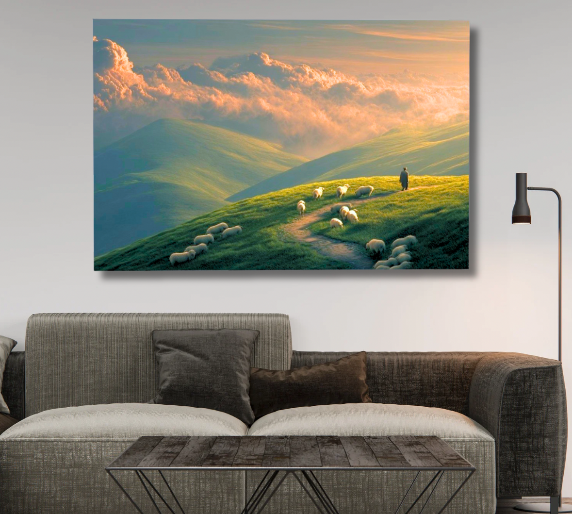 Green Hills Shepherd Canvas Wall Art — Pastoral Christian Decor, Psalm 23 Inspired Landscape Print, Peaceful Nature Artwork for Living Room & Bedroom