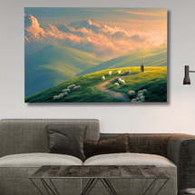 Green Hills Shepherd Canvas Wall Art — Pastoral Christian Decor, Psalm 23 Inspired Landscape Print, Peaceful Nature Artwork for Living Room & Bedroom