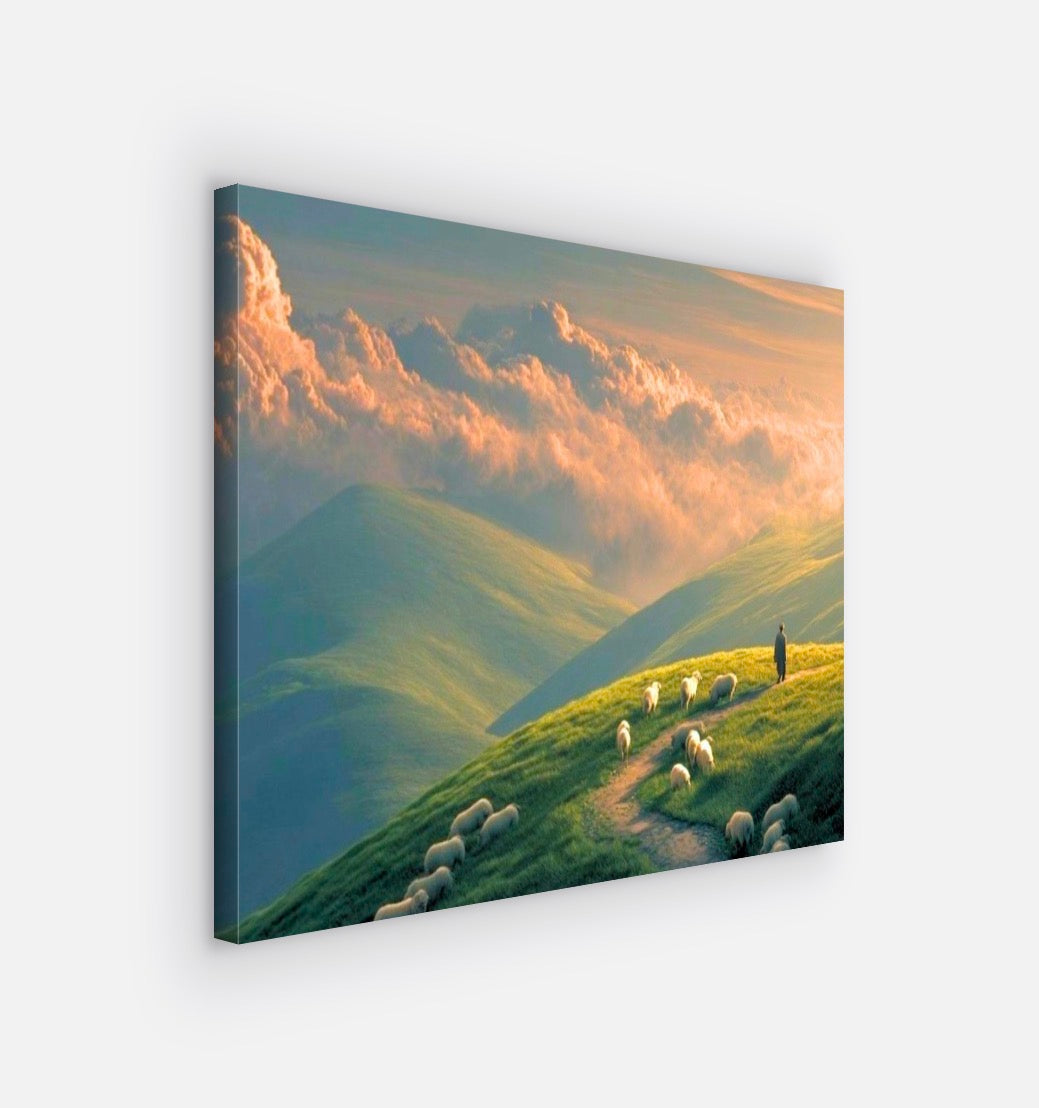 Green Hills Shepherd Canvas Wall Art — Pastoral Christian Decor, Psalm 23 Inspired Landscape Print, Peaceful Nature Artwork for Living Room & Bedroom