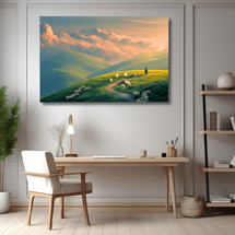 Green Hills Shepherd Canvas Wall Art — Pastoral Christian Decor, Psalm 23 Inspired Landscape Print, Peaceful Nature Artwork for Living Room & Bedroom