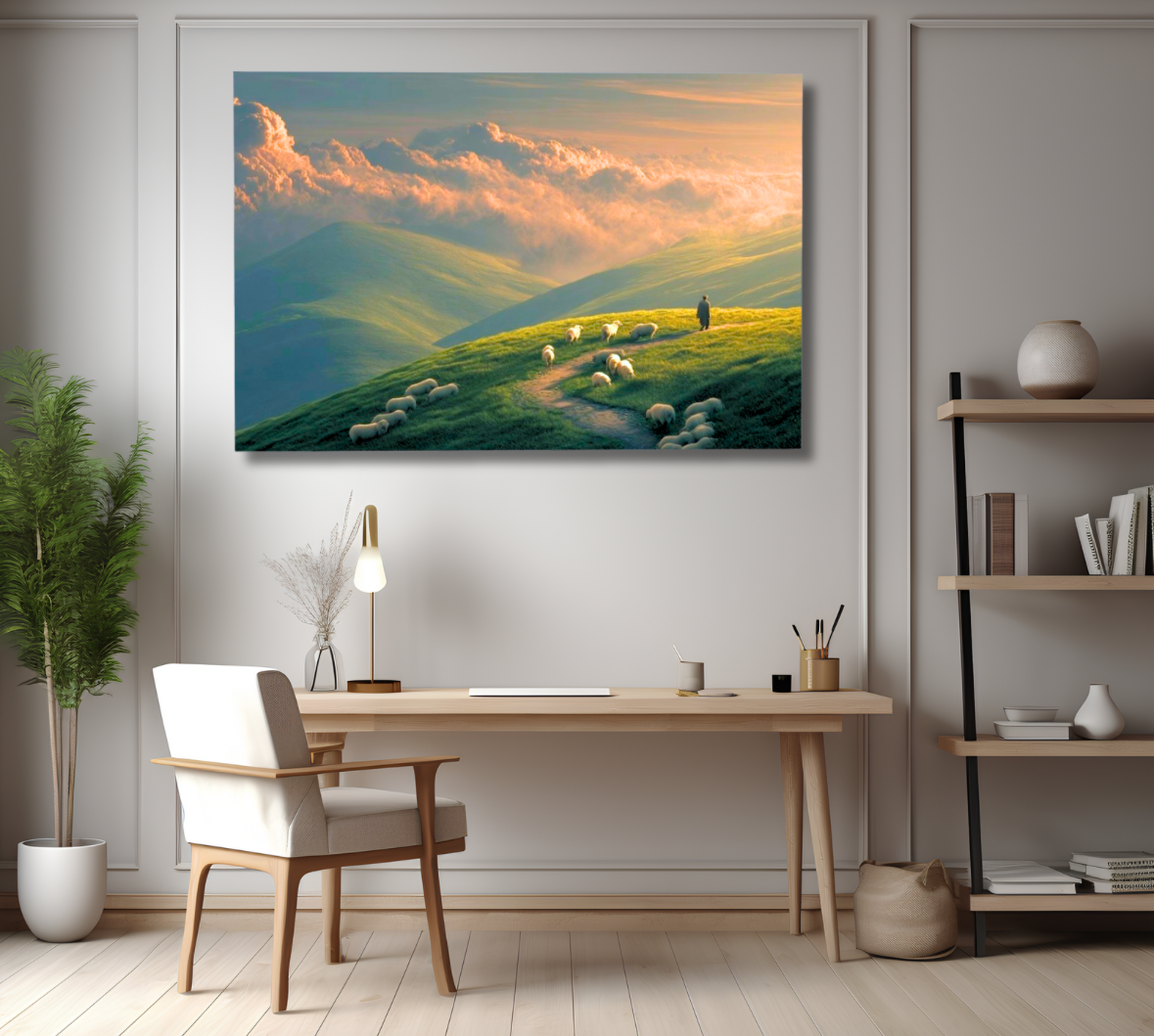 Green Hills Shepherd Canvas Wall Art — Pastoral Christian Decor, Psalm 23 Inspired Landscape Print, Peaceful Nature Artwork for Living Room & Bedroom
