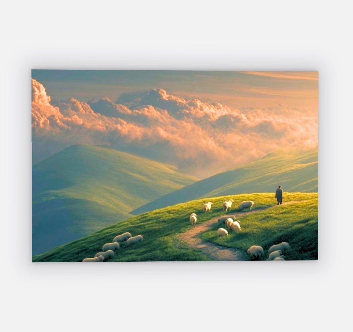 Green Hills Shepherd Canvas Wall Art — Pastoral Christian Decor, Psalm 23 Inspired Landscape Print, Peaceful Nature Artwork for Living Room & Bedroom