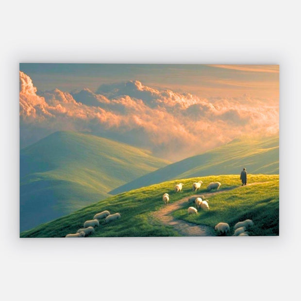 Green Hills Shepherd Canvas Wall Art — Pastoral Christian Decor, Psalm 23 Inspired Landscape Print, Peaceful Nature Artwork for Living Room & Bedroom