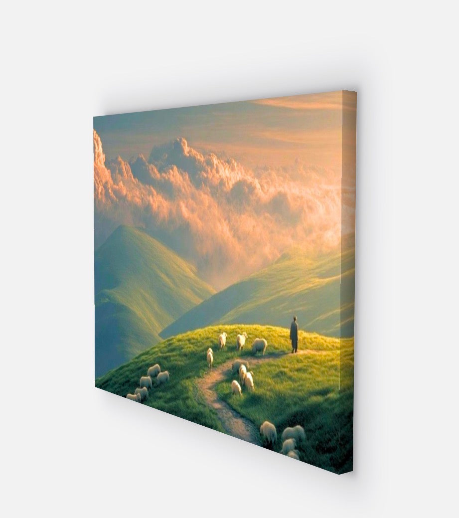 Green Hills Shepherd Canvas Wall Art — Pastoral Christian Decor, Psalm 23 Inspired Landscape Print, Peaceful Nature Artwork for Living Room & Bedroom