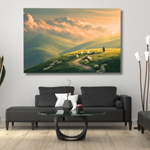 Green Hills Shepherd Canvas Wall Art — Pastoral Christian Decor, Psalm 23 Inspired Landscape Print, Peaceful Nature Artwork for Living Room & Bedroom