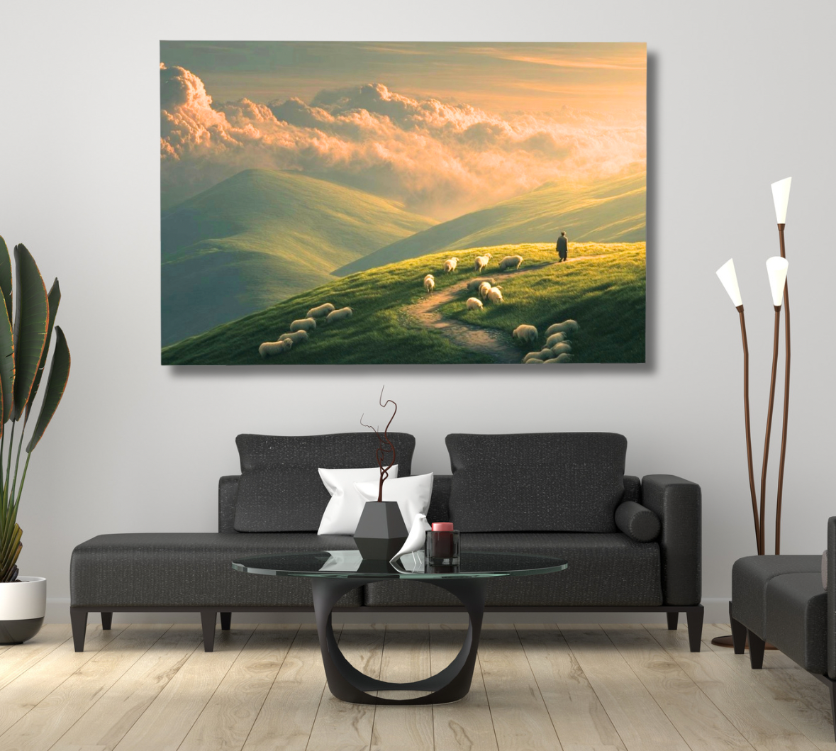Green Hills Shepherd Canvas Wall Art — Pastoral Christian Decor, Psalm 23 Inspired Landscape Print, Peaceful Nature Artwork for Living Room & Bedroom