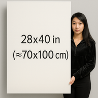 Large size canvas wall art size guide – model holding 28x40 inch (≈70x100 cm) canvas print for scale reference, perfect for oversized wall decor.