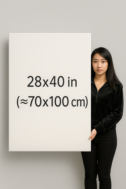 Large size canvas wall art size guide – model holding 28x40 inch (≈70x100 cm) canvas print for scale reference, perfect for oversized wall decor.