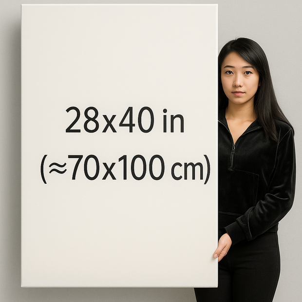 Large size canvas wall art size guide – model holding 28x40 inch (≈70x100 cm) canvas print for scale reference, perfect for oversized wall decor.