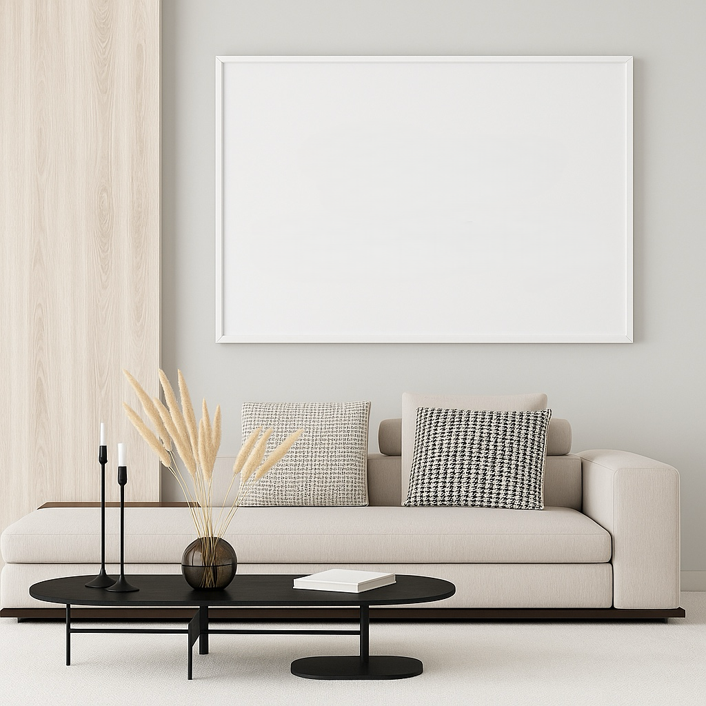 Large size canvas wall art mockup in a modern living room with beige sofa, black coffee table, and minimalist decor. Perfect oversized canvas wall decor for home interior design.