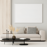Large size canvas wall art mockup in a modern living room with beige sofa, black coffee table, and minimalist decor. Perfect oversized canvas wall decor for home interior design.