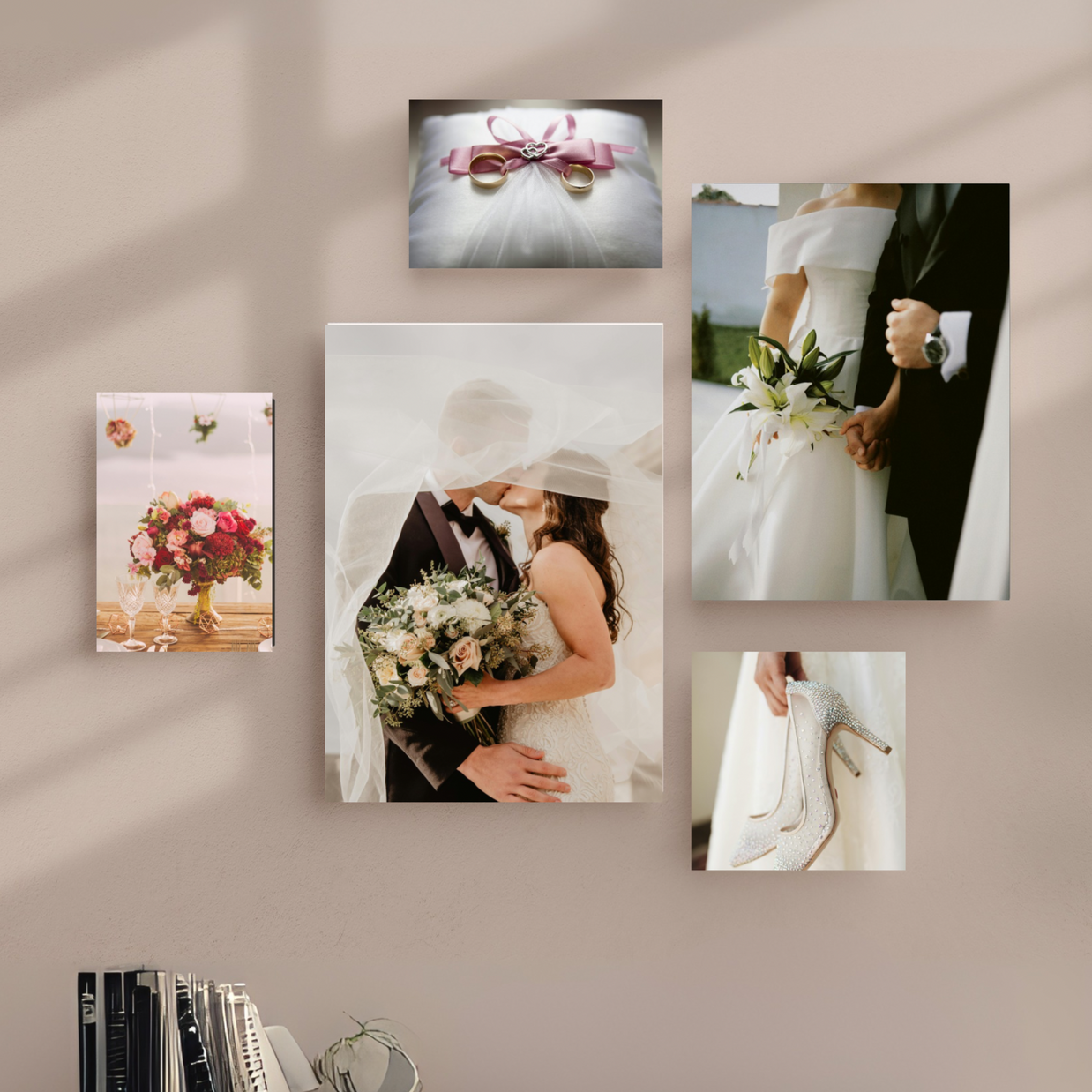 Large size wedding photo canvas collage gallery wall. Collection of romantic canvas prints featuring bride, groom, and wedding moments – perfect for anniversary or home decor