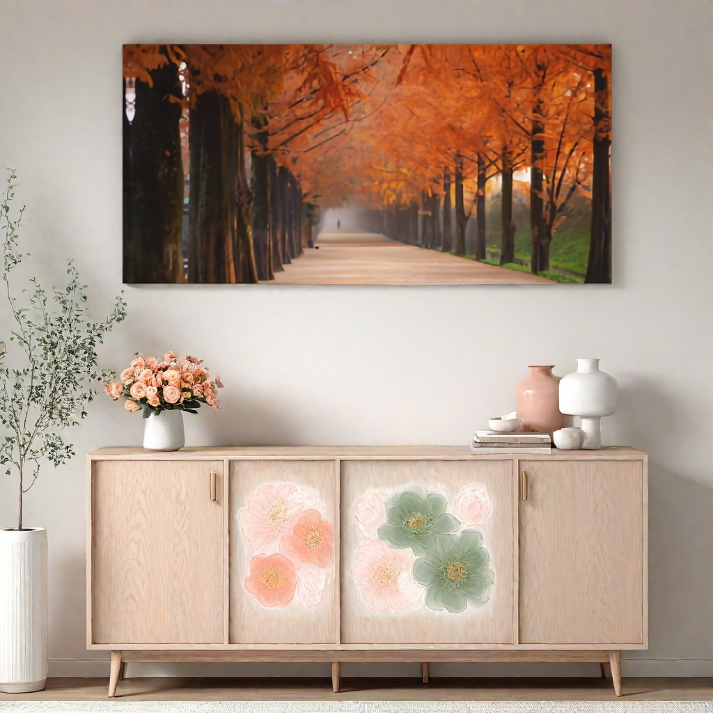 Large panoramic autumn forest canvas wall art in wide format, displayed above a wooden sideboard. Oversized long canvas wall decor for living room or dining room.