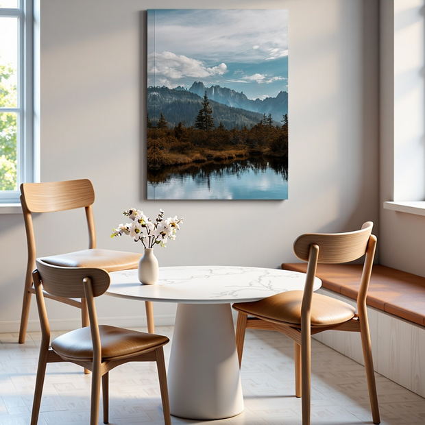 Beautiful mountain landscape canvas wall art in a modern dining room. Perfect wall decor for living room, dining area, or home office.